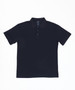 A navy polo shirt with short sleeves and a collar, featuring a logo on the chest.