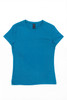 A teal women's surf tee with a round neck and short sleeves, featuring a logo on the label.