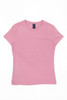 A pink women's surf tee featuring a crew neckline and short sleeves. It has a label at the neckline.