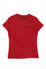 A red women's surf tee with short sleeves and a round neckline, featuring a brand logo.