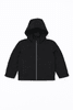 A black youth rain jacket with a hood and front zipper. It features long sleeves and a simple design.