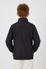A black rain jacket featuring a simple design and a collar, viewed from the back. It has a logo on the chest.