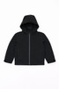 A black rain jacket with a hood, featuring a front zipper and a simple design, includes branding.