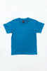 A blue youth essential T-shirt laid flat on a white background, featuring a logo on the neckline.
