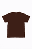 A brown youth essential t-shirt with a round neckline and short sleeves, featuring a logo on the back.