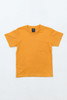A bright orange youth essential tee with a classic crew neck and short sleeves. It features a logo on the inside.