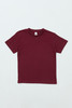 A maroon youth t-shirt displayed flat, featuring short sleeves and a plain design with a logo.