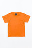 An orange youth t-shirt featuring a crew neck and short sleeves, with a logo on the label.