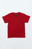A red youth essential tee featuring short sleeves and a simple design, with a brand logo visible on the label.