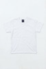 A white youth essential tee with a crew neckline and short sleeves, featuring a branded label.