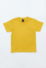 A yellow t-shirt displayed flat on a white background, featuring a label inside the neckline.