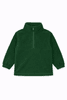 A green youth polar fleece jacket with a 1/4 zip and elasticated cuffs, featuring a logo.