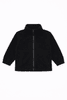 A black polar fleece full zip jacket with a high collar and long sleeves, featuring a logo on the front.