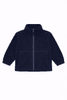 A navy blue youth fleece jacket featuring a full zip and a high collar. It has long sleeves and a logo present.