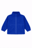 A blue polar fleece jacket with a full zip, featuring long sleeves and two front pockets. It has a logo.
