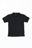 A black youth polo shirt with a classic collar, three buttons, and a logo on the chest area.