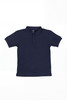 A navy blue polo shirt with a collar and a five-button placket, featuring a branded logo.