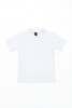A white polo shirt featuring a collar and buttons, with a logo on the chest.