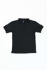 A black youth polo shirt with a collar and three buttons, featuring a logo.