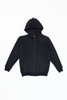 A black zip-up hoodie featuring a front pocket and an attached hood. The product has a logo.