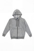 A grey zip-up hoodie with a hood and front pockets, featuring a logo on the chest.