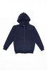 A navy blue zip hoodie with a hood and front pockets, featuring a logo.