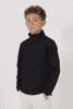 A black softshell jacket for youth with a zip front and stand-up collar, featuring branding.