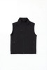 A black softshell vest featuring a stand-up collar and multiple zippered pockets, accompanied by a logo.