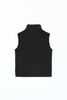 A black softshell vest with a high collar and a logo on the back, designed for youth.