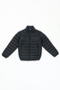 A black youth puffer jacket with a zippered front and a simple design, featuring a logo.