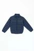 A navy blue puffer jacket with a zip front and two side pockets, featuring a logo on the chest.