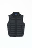 A black puffer vest featuring a high collar and zippered pockets, with a logo on the collar.