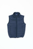 A navy puffer vest featuring a high collar and two side pockets, with branding on the inside.