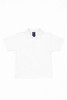 A white polo shirt featuring a collar and short sleeves, with a logo on the chest.