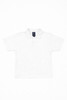 A white youth polo shirt with a collar and a logo on the tag.