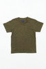 An olive green youth T-shirt featuring a round neck and short sleeves, with a logo at the neckline.