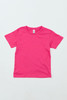 A bright pink Youth Essential Tee with short sleeves, featuring a simple design and a brand logo.