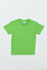 A bright green Youth Essential Tee with short sleeves, featuring a label and no graphics.