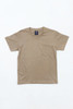 A tan youth t-shirt with short sleeves and a crew neck, featuring a logo on the label.