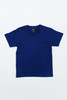 A blue youth essential tee with a crew neck and short sleeves. The shirt has a branding logo on the label.