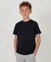 A black youth t-shirt with a classic design, featuring a round neckline and short sleeves, paired with light grey shorts.