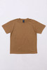 A brown t-shirt displayed flat, featuring a simple design and a tag at the neckline.