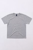 A grey T-shirt featuring a simple design and a tag with a logo on the neckline.