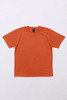 An orange t-shirt laid flat on a white background, featuring short sleeves and a simple design.