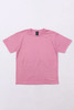 A pink T-shirt with short sleeves and a crew neck, featuring a branding label.