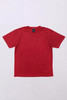 A red t-shirt displayed flat on a light background, featuring a tag and a simple design.