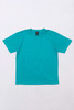 A teal t-shirt laid flat on a light background, featuring a logo on the neckline.