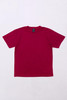 A red essential tee shirt flat on a white background, featuring a label but no visible logo or branding.