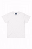 A white t-shirt displayed flat, featuring a round neck and short sleeves, with a branding logo on the collar.