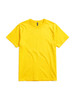 A bright yellow t-shirt with a round neckline and short sleeves, featuring a brand logo.